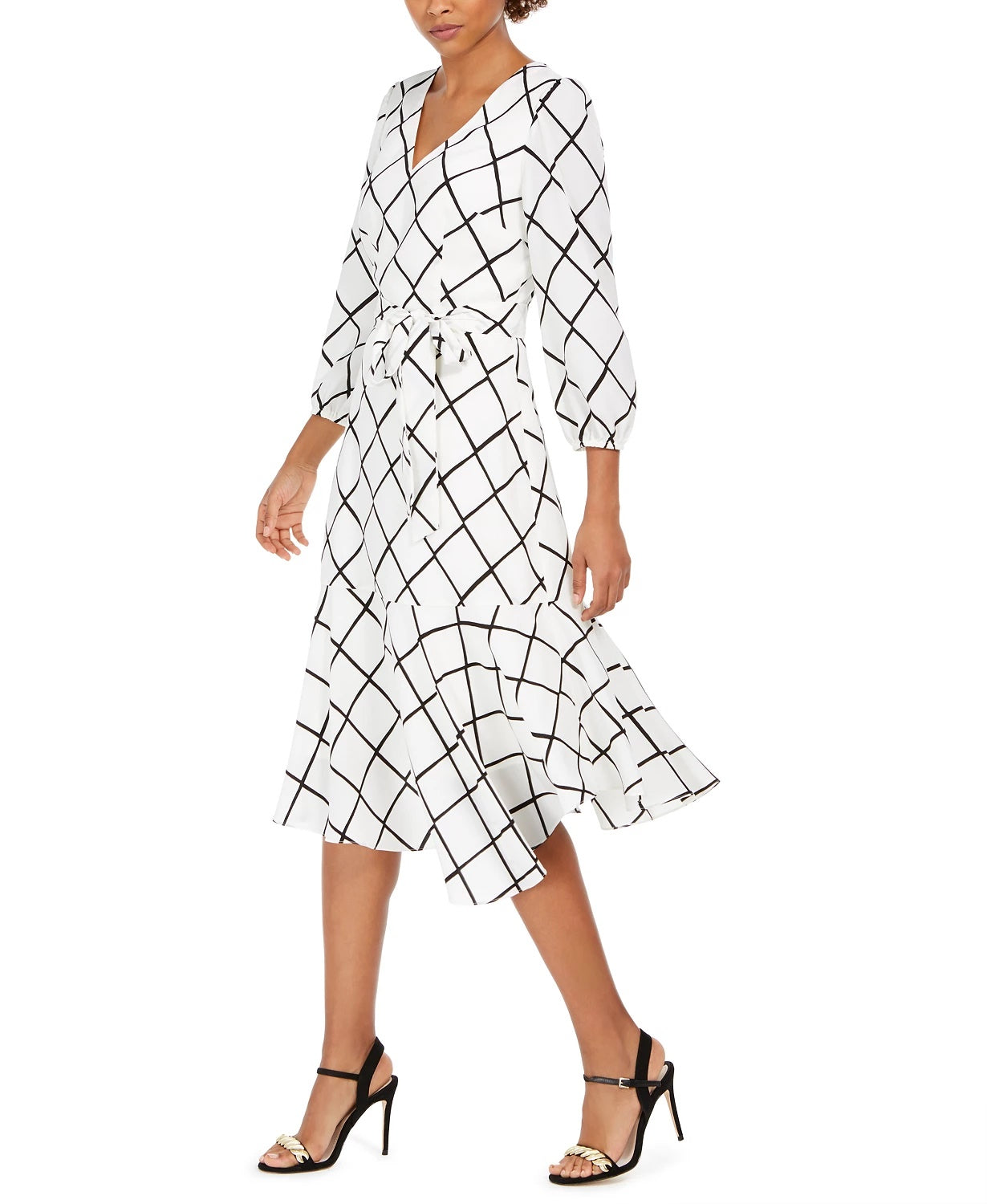 Jessica Howard Women's Plaid Flounce Hem Midi Dress White Size 14