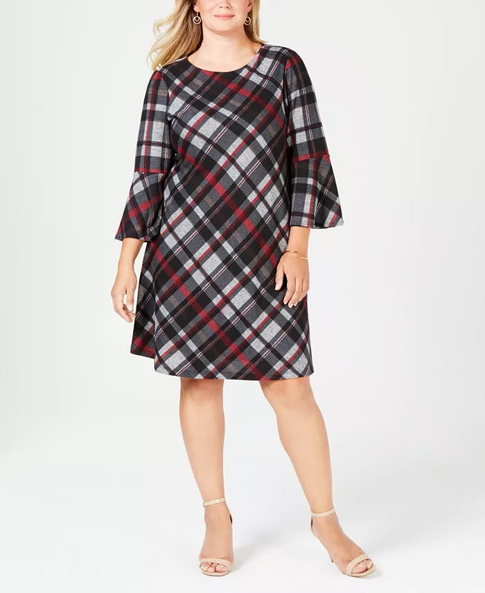 Jessica Howard Women's Plus Plaid Bell Sleeve Dress Charcoal Size 1X