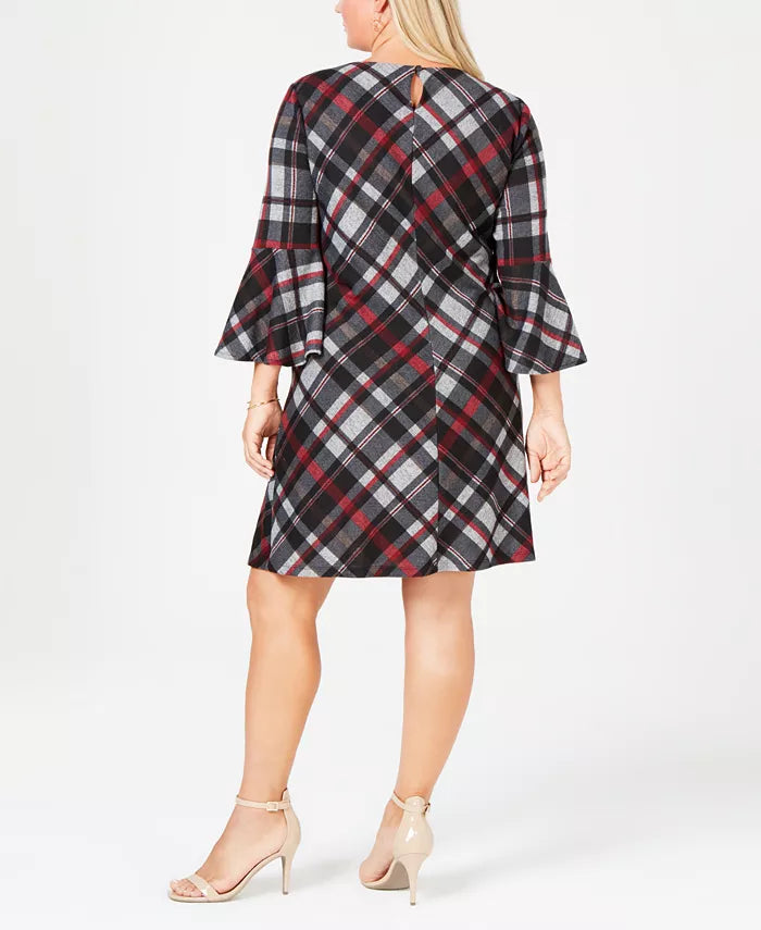 Jessica Howard Women's Plus Plaid Bell Sleeve Dress Charcoal Size 1X