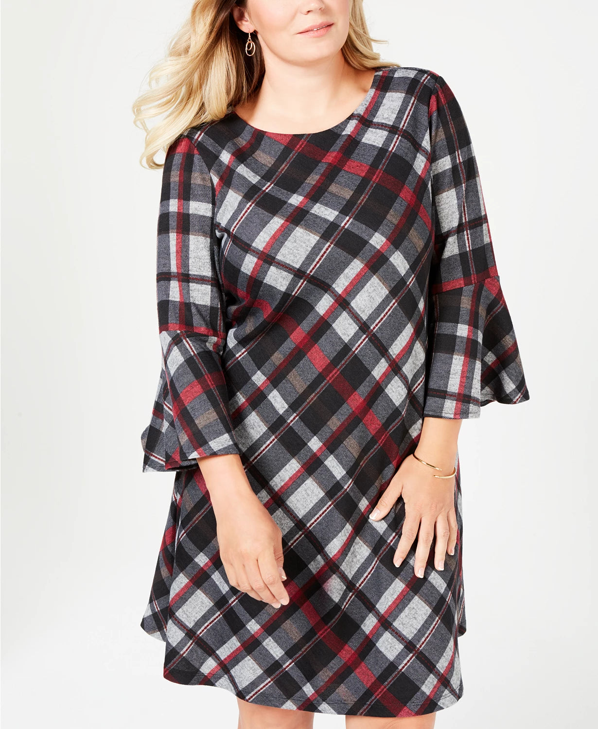 Jessica Howard Women's Plus Plaid Bell Sleeve Dress Charcoal Size 1X