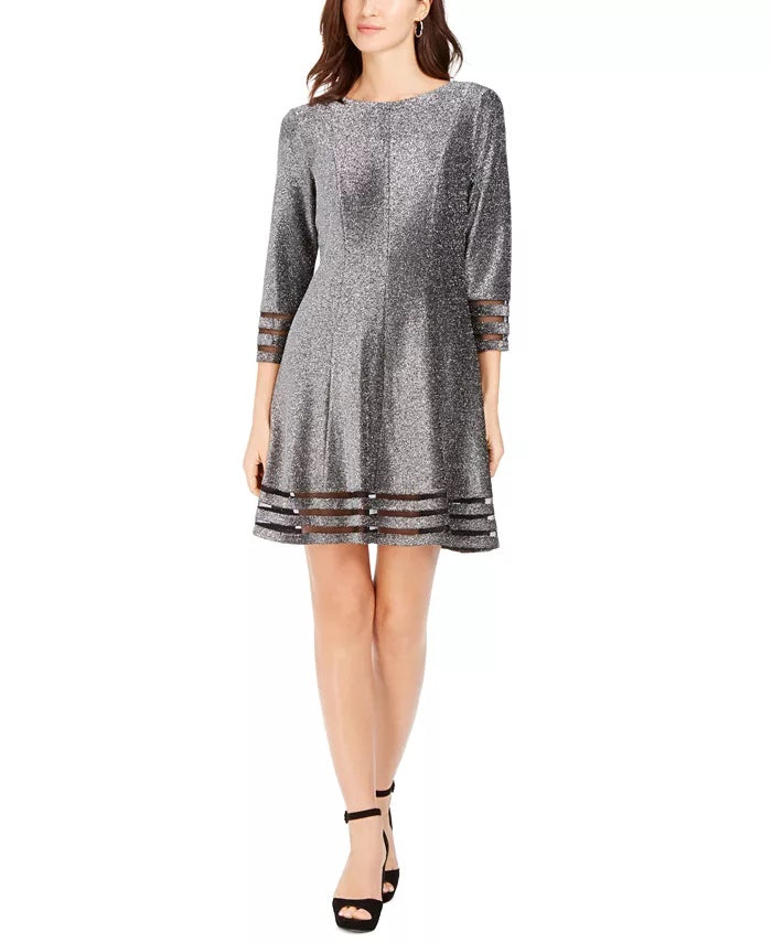Jessica Howard Women's Petite Metallic Illusion-Trim Dress Silver Size 8P