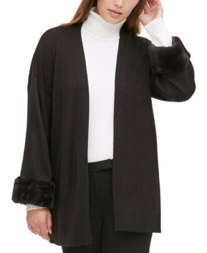 Calvin Klein Women's Faux-Fur Cuff Cardigan Sweater Black Size Large