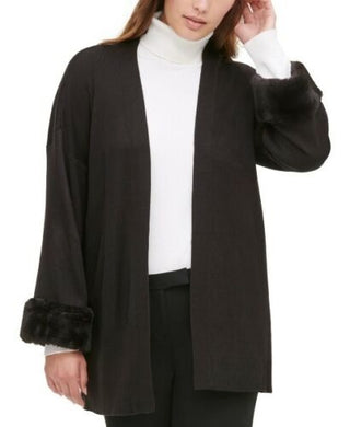 Calvin Klein Women's Faux-Fur Cuff Cardigan Sweater Black Size Large