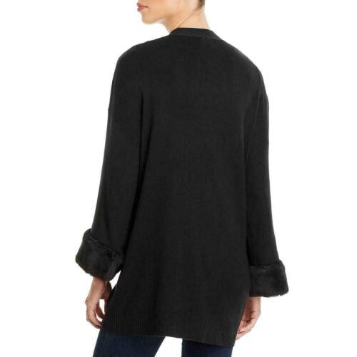 Calvin Klein Women's Faux-Fur Cuff Cardigan Sweater Black Size Large