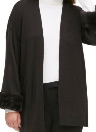 Calvin Klein Women's Faux-Fur Cuff Cardigan Sweater Black Size Large