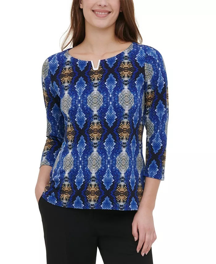 Calvin Klein Women's Embellished 3/4 Sleeve Top Blue Size X-Large