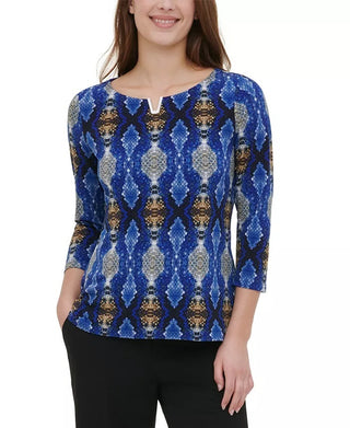 Calvin Klein Women's Embellished 3/4 Sleeve Top Blue Size X-Large