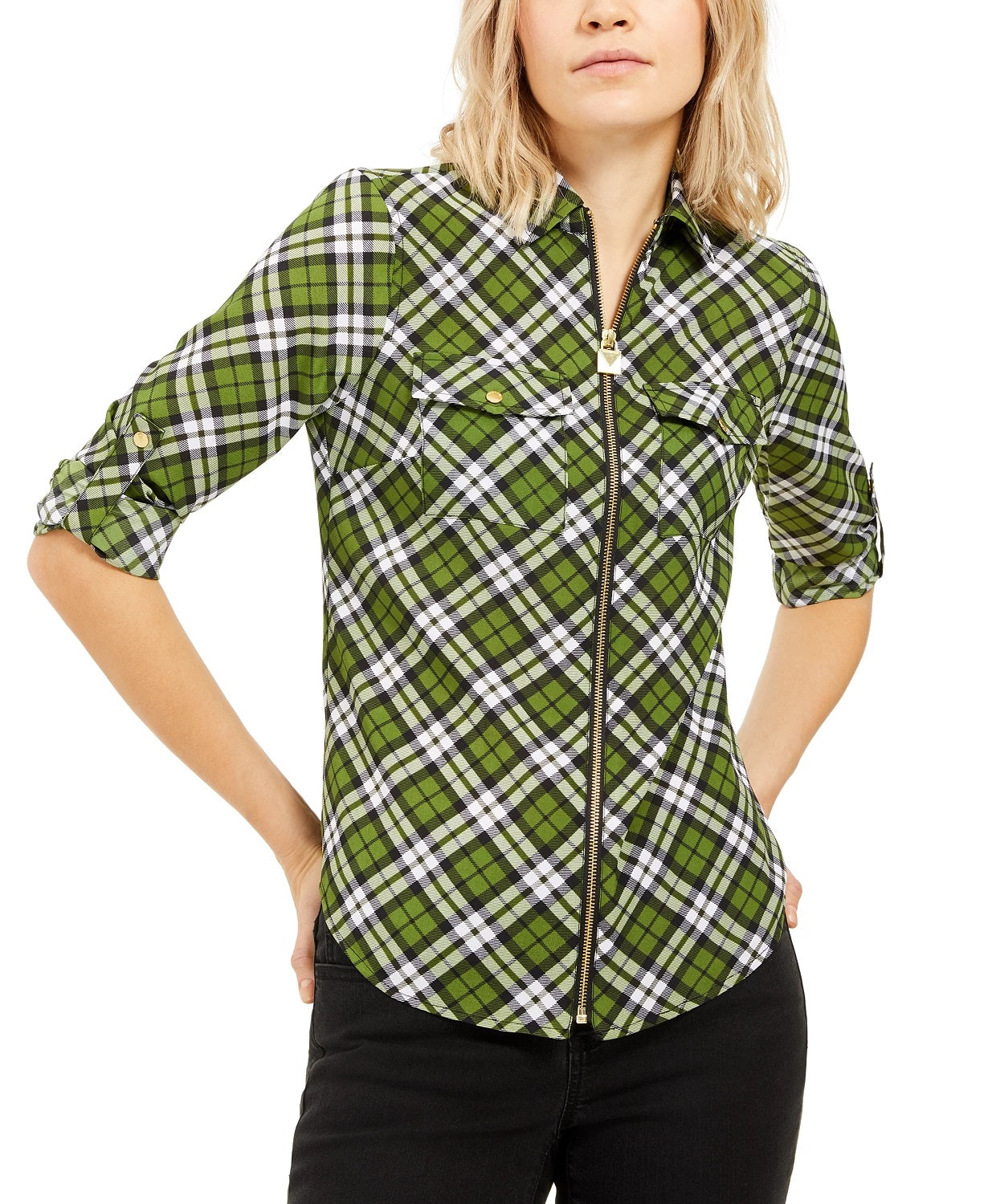 Michael Kors Women's Plaid Zip-Front Top Green Size Small