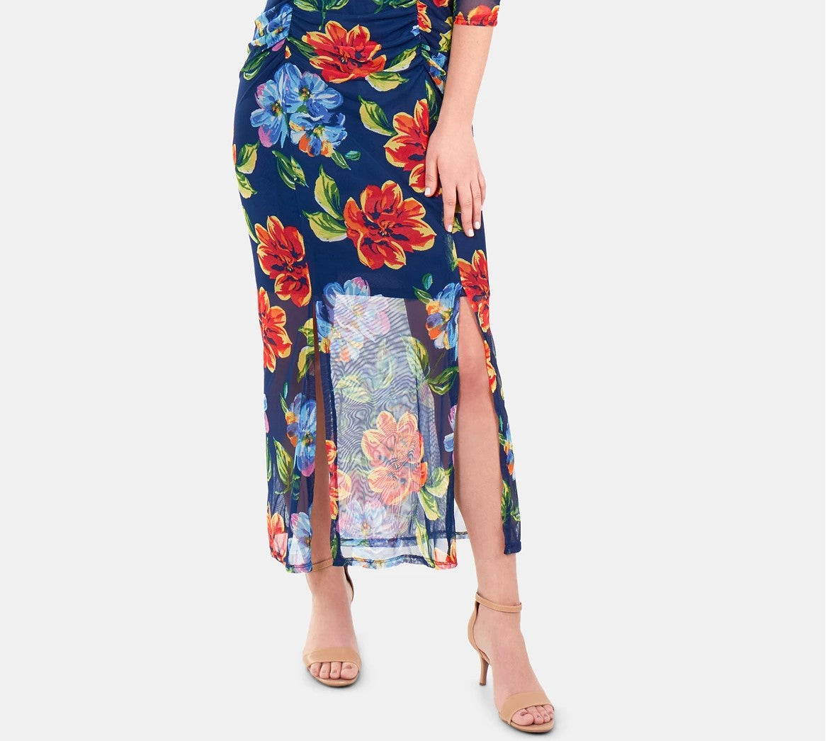 NY Collection Women's Printed Double-Slit Maxi Dress Navy Size X-Large