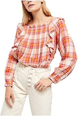 Free People Women's Siena Plaid Ruffle Top Ivory Natural Size Medium