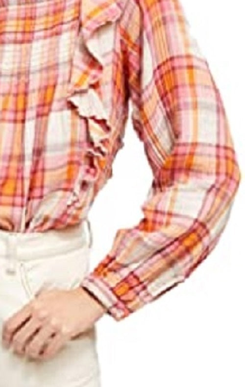 Free People Women's Siena Plaid Ruffle Top Ivory Natural Size Medium