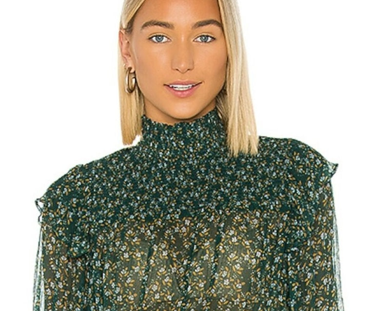 Free People Women's Green Printed Long Sleeve Mandarin Collar Peplum Green Size Small