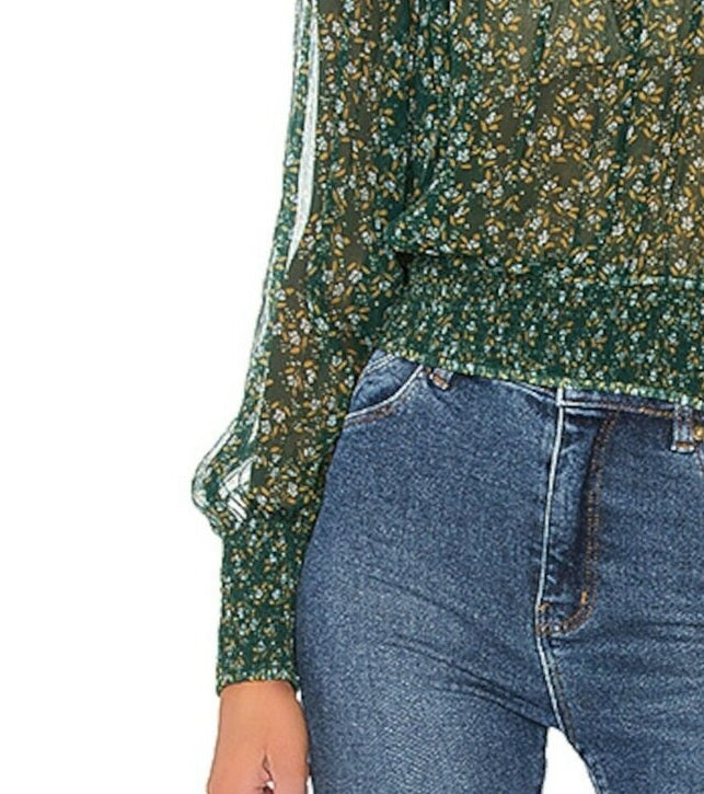 Free People Women's Green Printed Long Sleeve Mandarin Collar Peplum Green Size Small