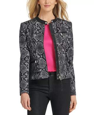 DKNY Women's Snake-Embossed Faux-Leather-Trim Jacket Gray Size 4