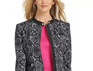 DKNY Women's Snake-Embossed Faux-Leather-Trim Jacket Gray Size 4