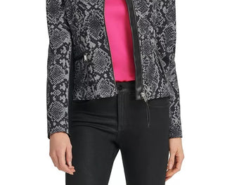 DKNY Women's Snake-Embossed Faux-Leather-Trim Jacket Gray Size 4