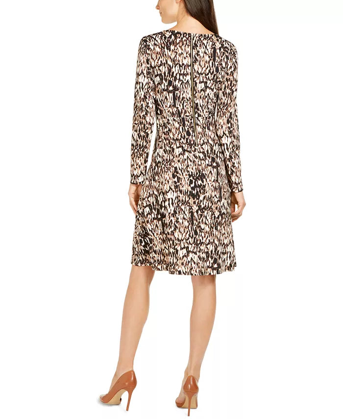 NY Collection Women's Printed Empire-Waist Dress Brown Size Petite Large