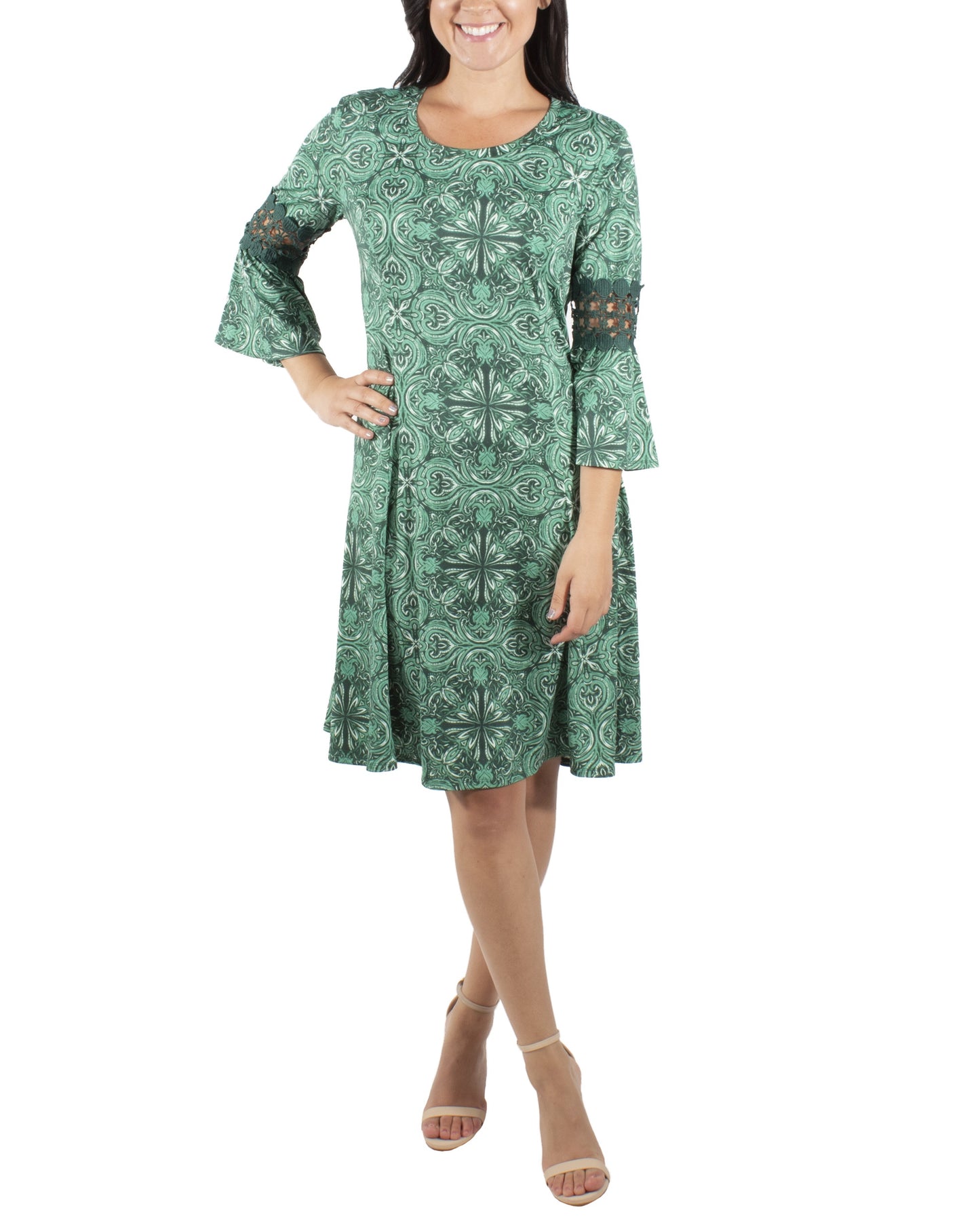 NY Women's Collection Petite Crochet-Trim Bell-Sleeve Dress Green Size Petite Small