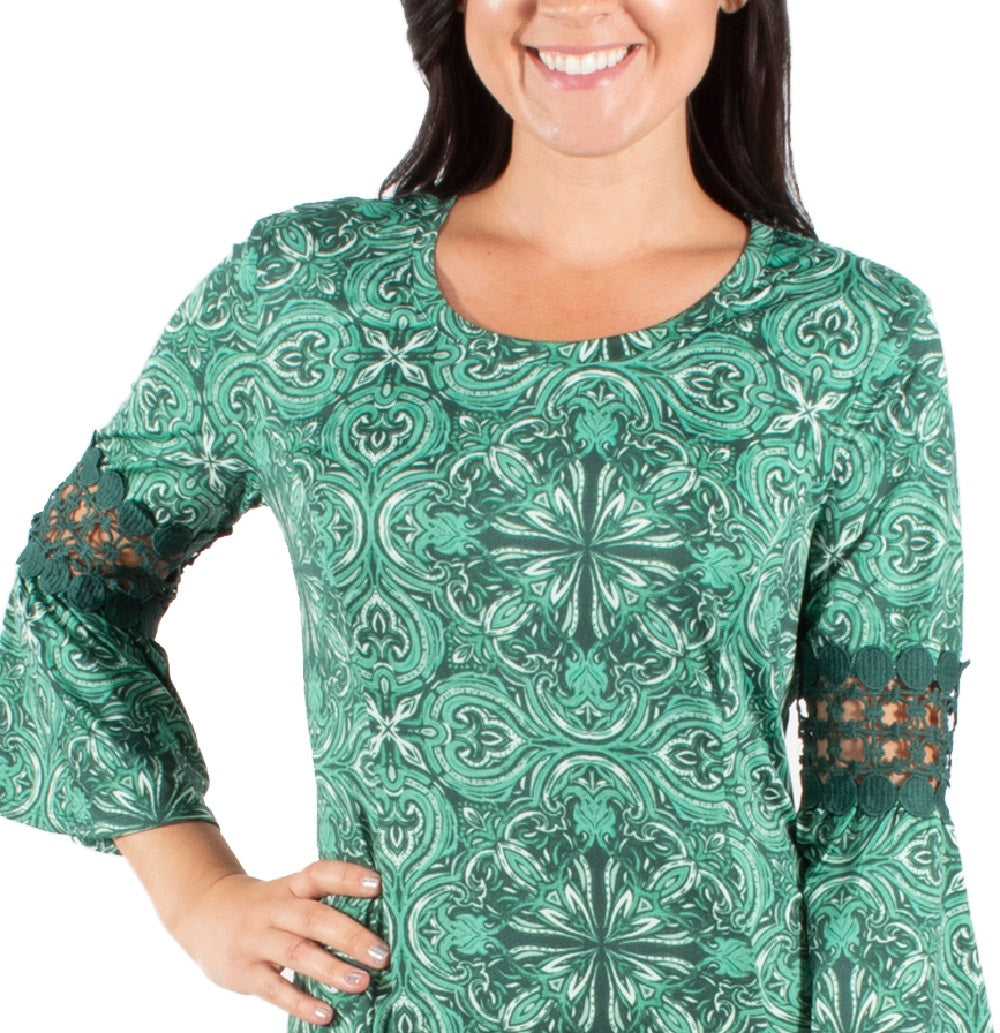 NY Women's Collection Petite Crochet-Trim Bell-Sleeve Dress Green Size Petite Small
