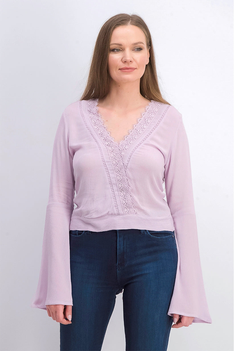 Polly & Esther Juniors' Lace Trim Surplice Top Purple Size Medium