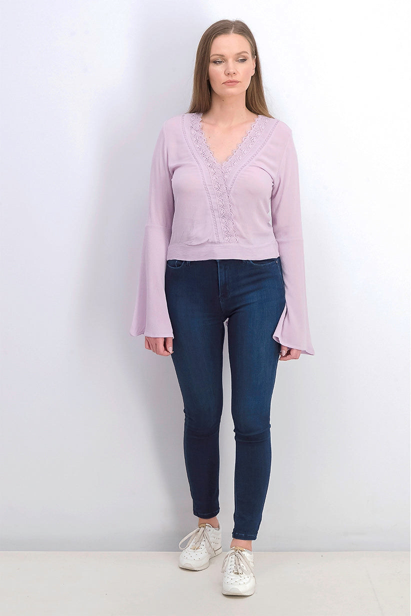 Polly & Esther Juniors' Lace Trim Surplice Top Purple Size Medium