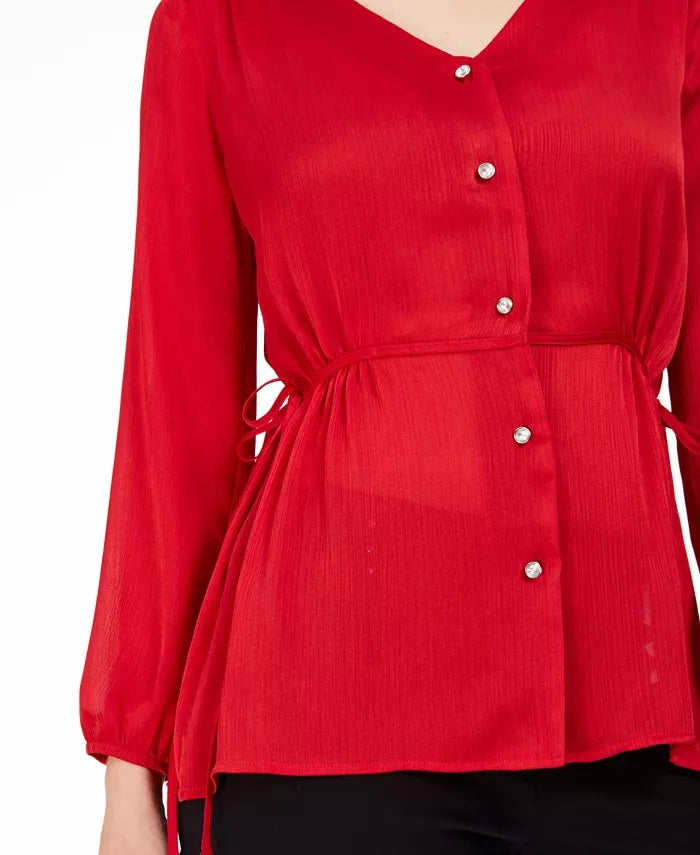 NY Collection Women's Tie-Side Peplum Blouse Mediun Red Size Petite