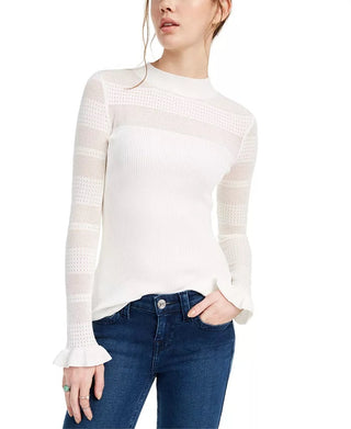 Crave Fame Juniors' Pointelle-Trim Sweater White Size Medium
