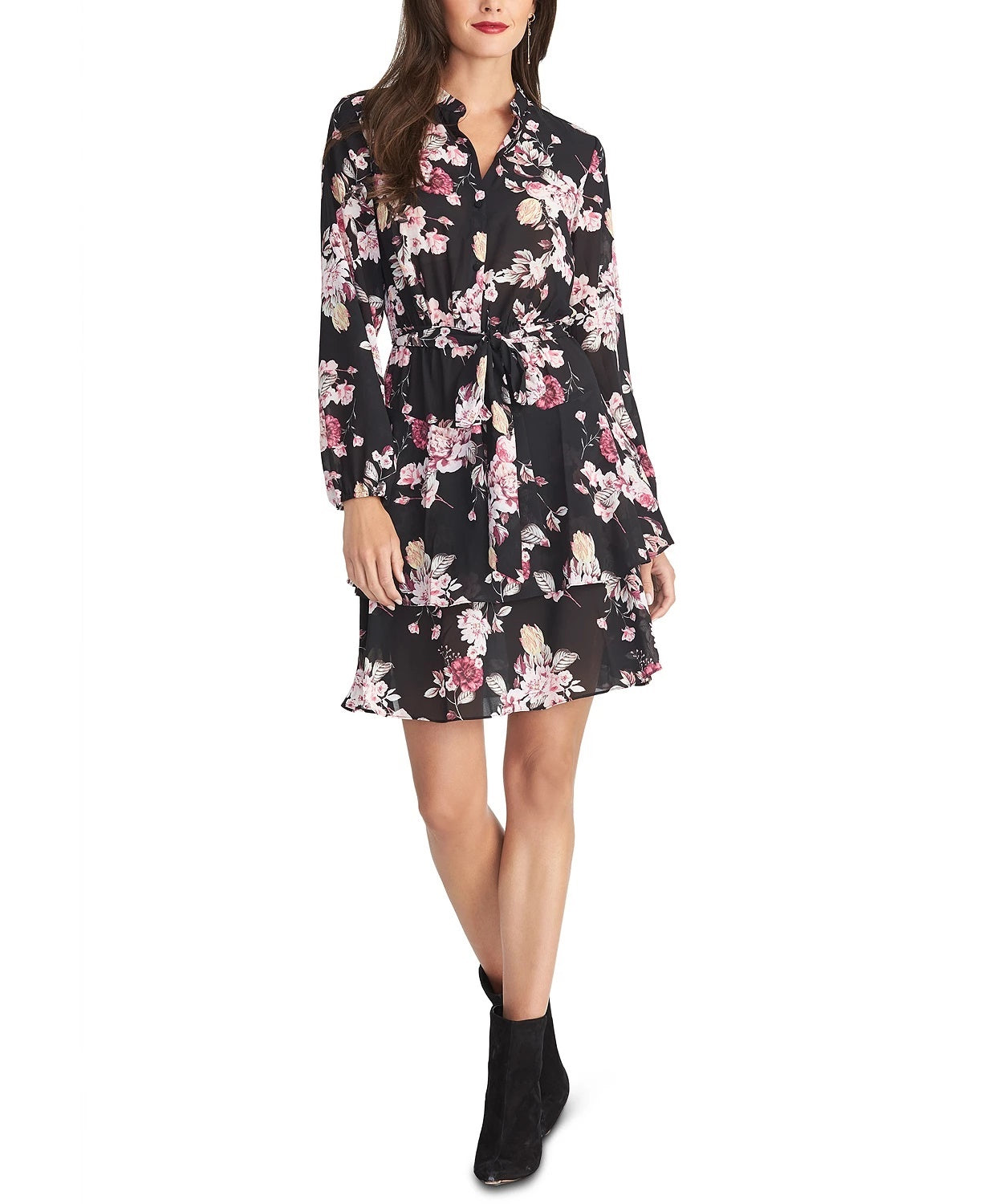 Rachel Roy Women's Ally Floral-Print Belted Shirtdress Black Size Small