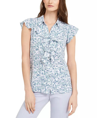 Calvin Klein Women's Printed Cap-Sleeve Button-Up Ruffled Blouse Green Size Small