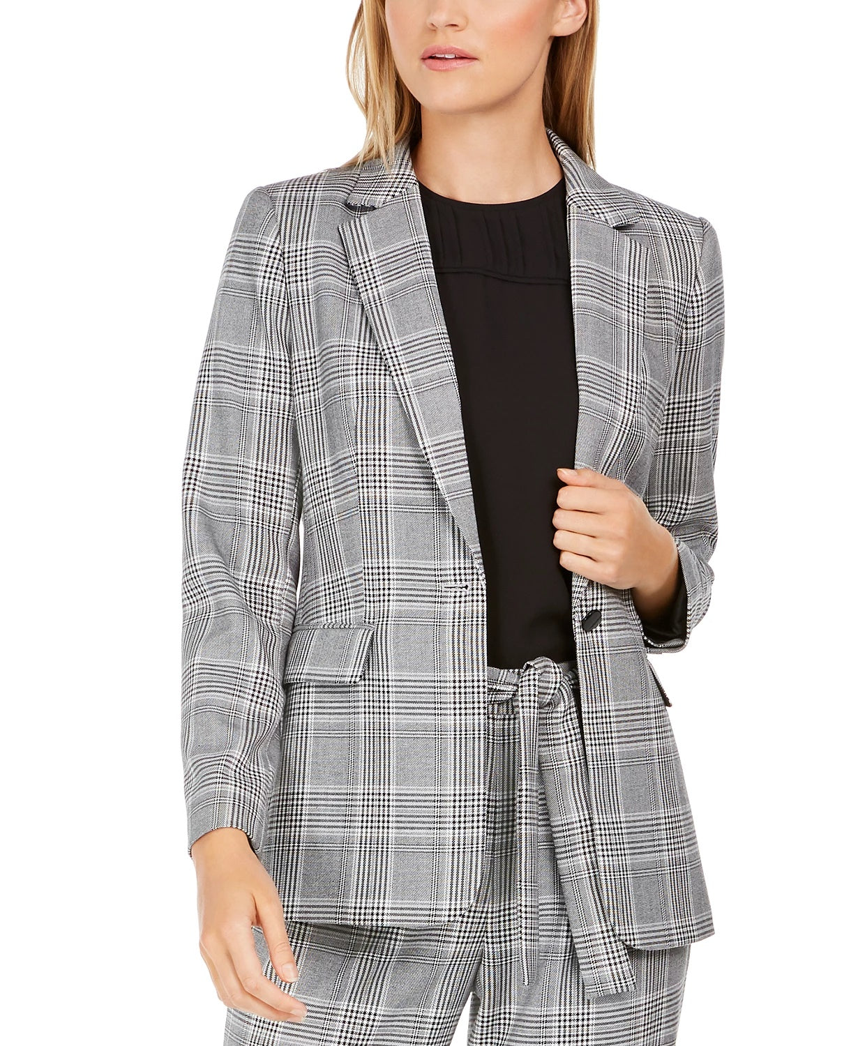 Calvin Klein Women's Plaid One-Button Blazer Silver Size 10