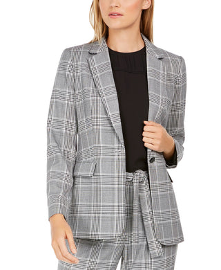 Calvin Klein Women's Plaid One-Button Blazer Silver Size 10