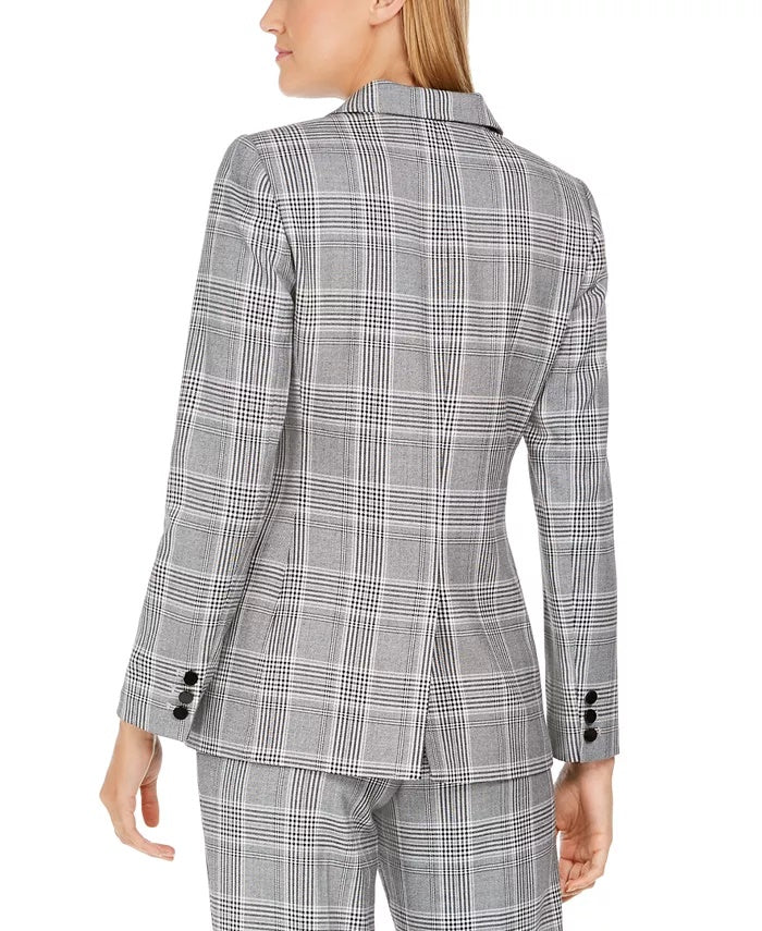 Calvin Klein Women's Plaid One-Button Blazer Silver Size 10