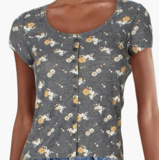 Crave Fame Junior's Button Front Waffle T-Shirt Grey Size Large