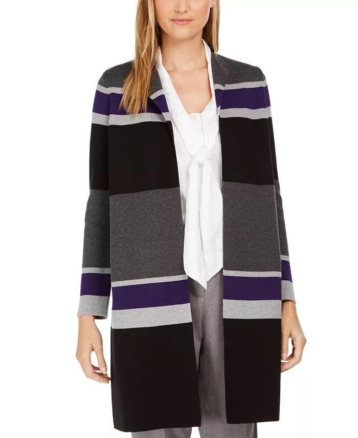 Calvin Klein Women's Petite Striped Open Front Cardigan Grey Size X-Large