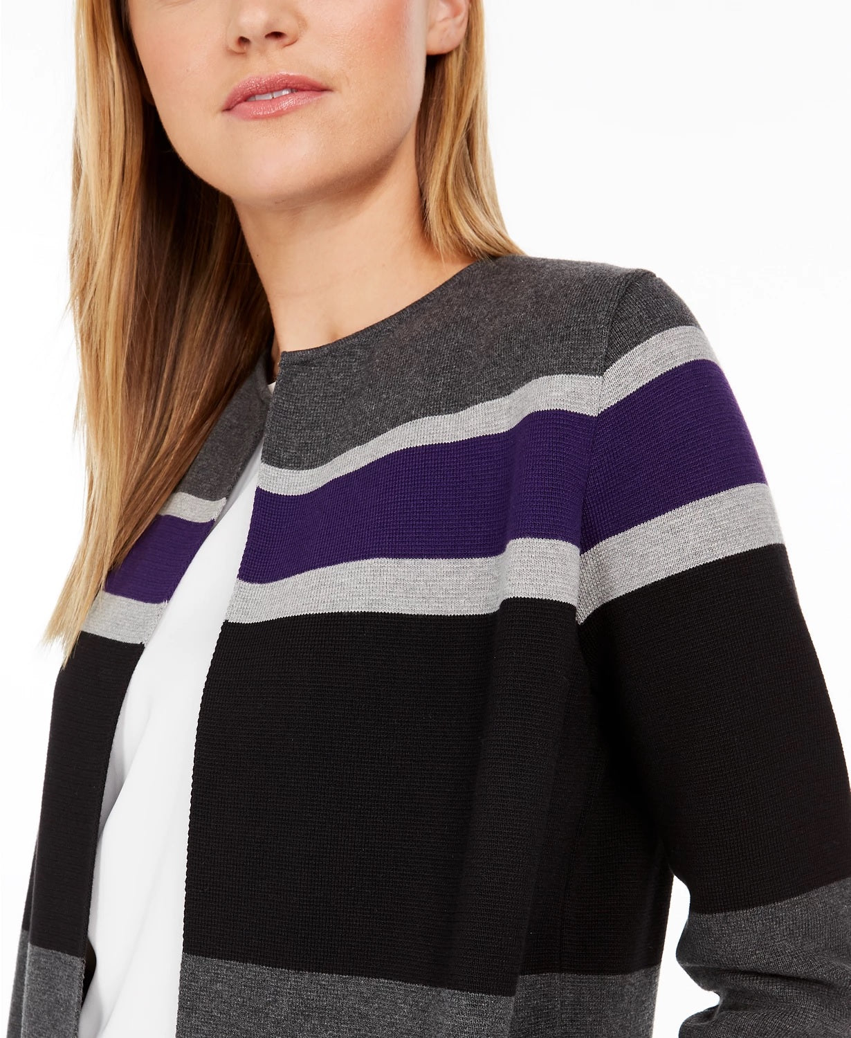 Calvin Klein Women's Petite Striped Open Front Cardigan Grey Size X-Large