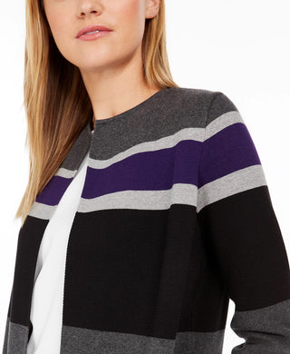 Calvin Klein Women's Petite Striped Open Front Cardigan Grey Size X-Large