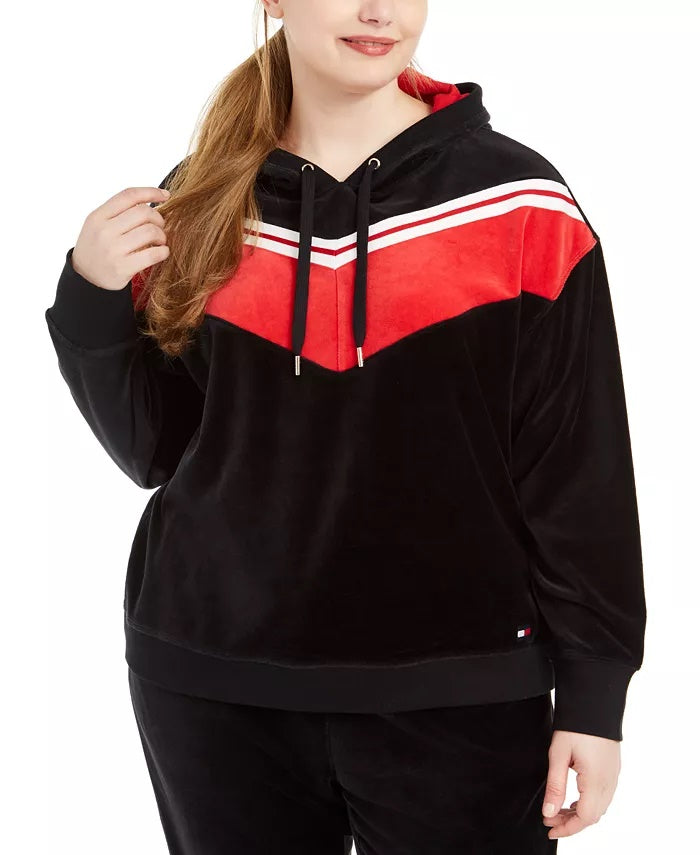 Tommy Hilfiger Women's Sport Plus Size Chevron Velour Hooded Sweatshirt Black Size 2X