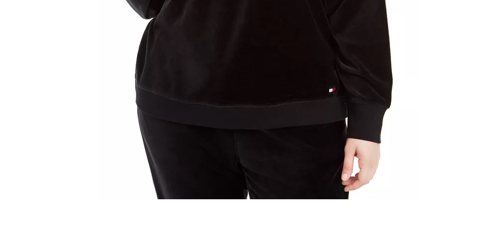 Tommy Hilfiger Women's Sport Plus Size Chevron Velour Hooded Sweatshirt Black Size 2X