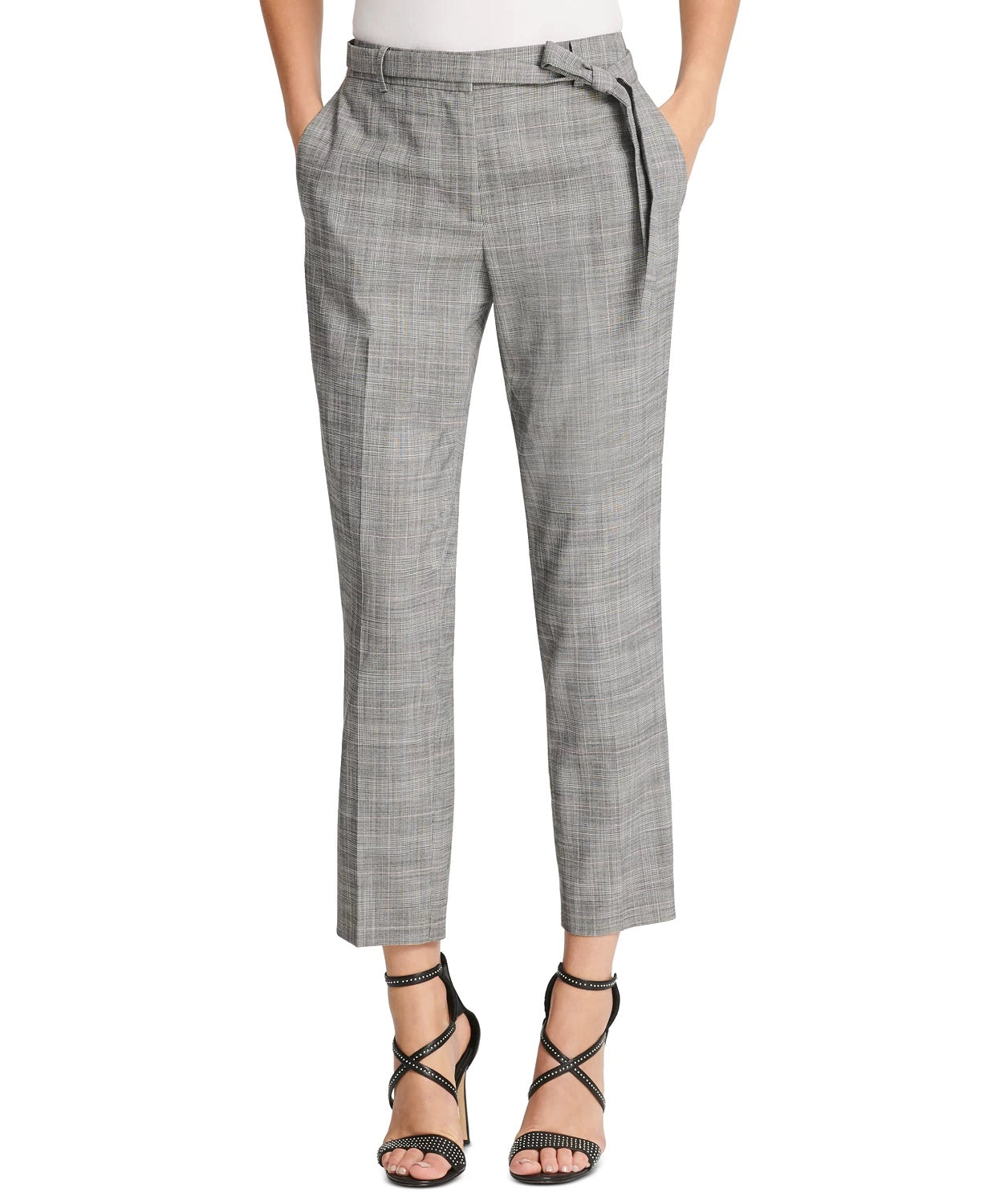 DKNY Women's Belted Essex Ankle Plaid Pant Gray Size 0
