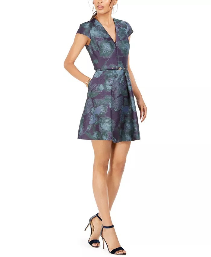 Vince Camuto Women's Belted Floral Print Fit & Flare Dress Blue Size 8