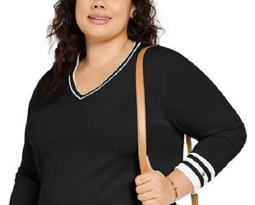 Tommy Hilfiger Women's Plus Size Cotton V-Neck Pullover Sweater Black Size 1X