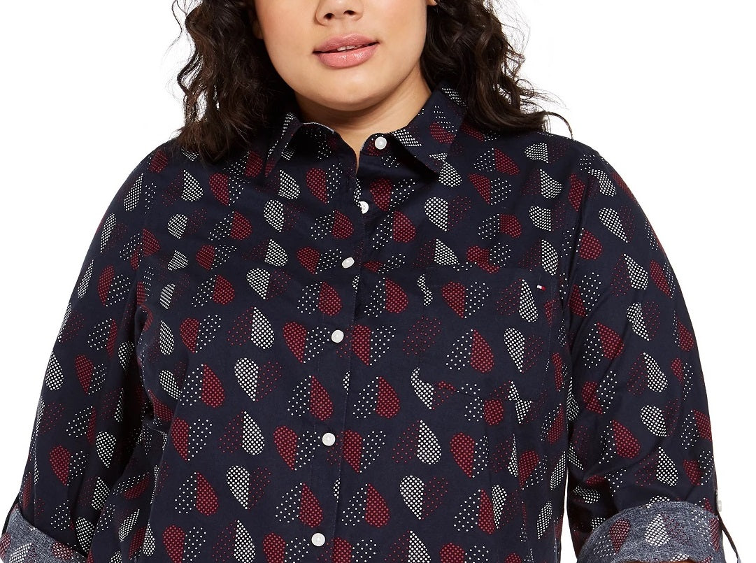 Tommy Hilfiger Women's Plus Size Polka Dot Heart Print Cotton Shirt Blue Size 3X