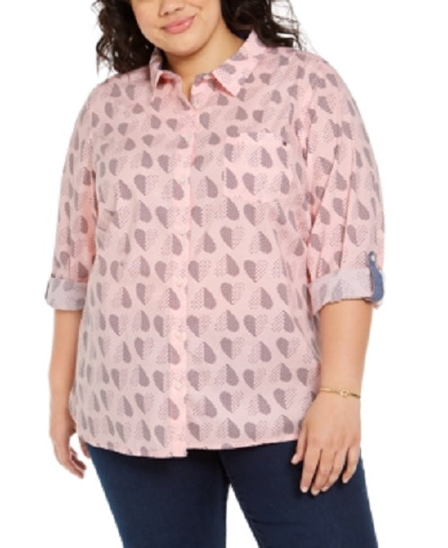 Tommy Hilfiger Women's Plus Size Polka Dot Heart Print Cotton Shirt Pink Size 3X
