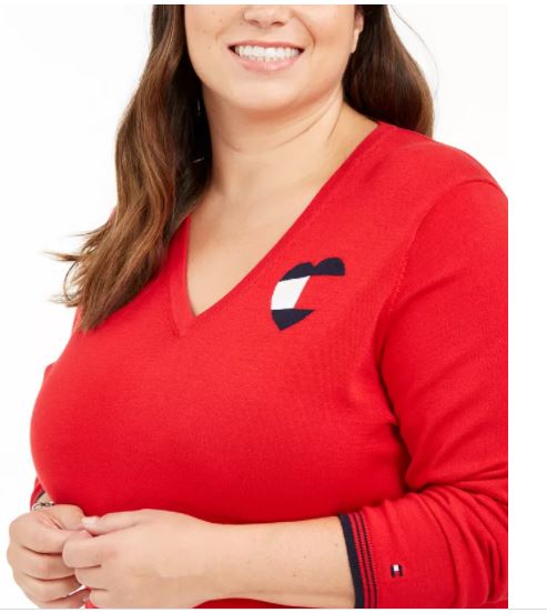 Tommy Hilfiger Women's Plus Cotton Heart Logo Sweater Red Size 2X