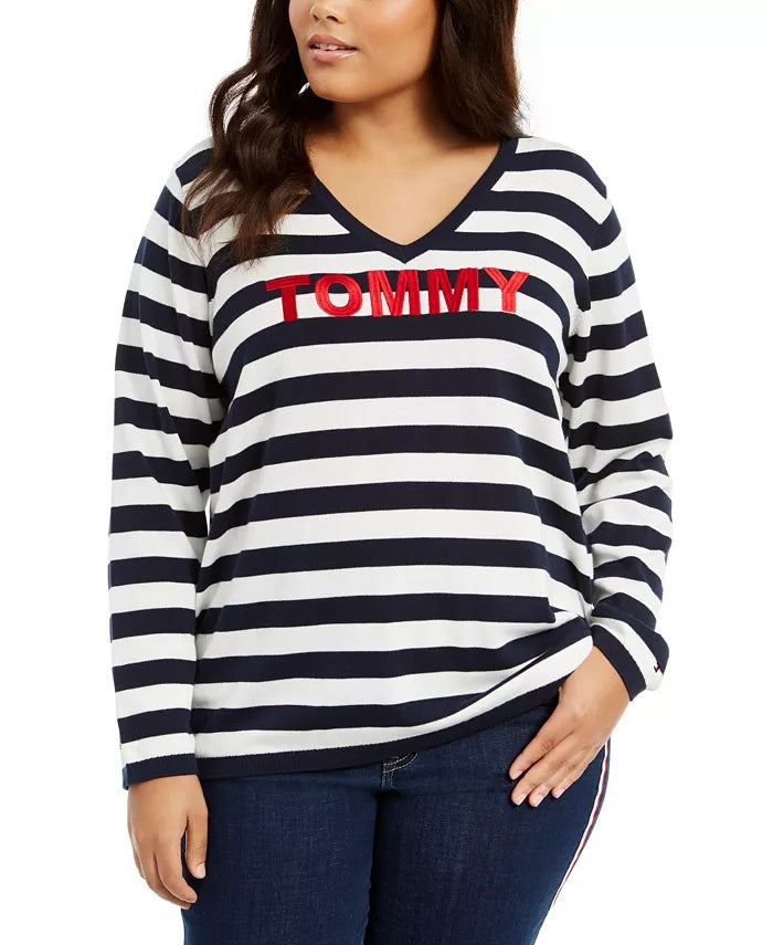 Tommy Hilfiger Women's Plus Ivy Striped Logo Sweater Blue Size 3X