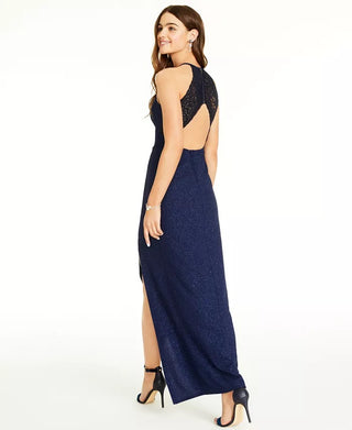 Speechless Juniors' Cutout Glitter Lace-Back Gown  Blue Size 1