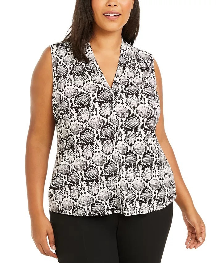 Calvin Klein Women's Plus Sleeveless Printed V Neck Top Charcoal Size 2X