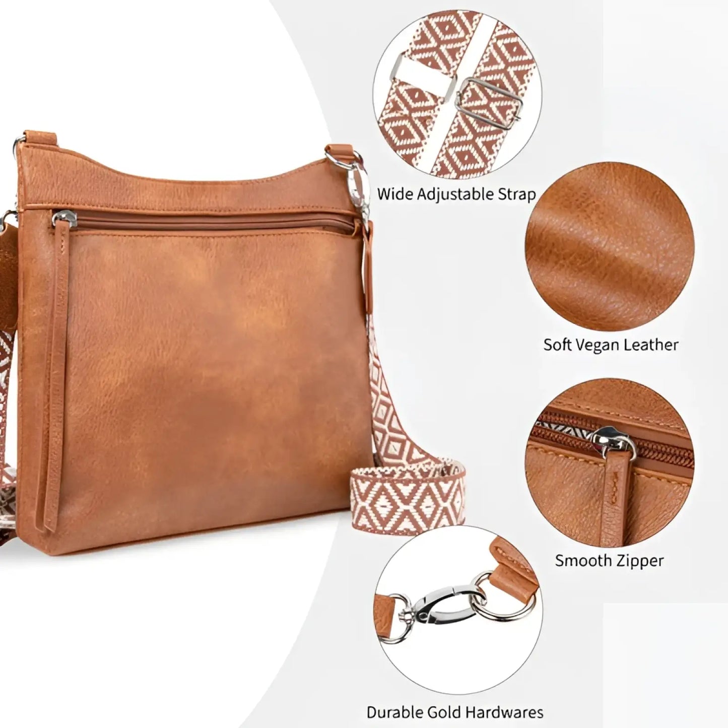 Tan Faux Leather Multi Pocket Crossbody Bag with Patterned Strap