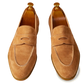 Tan Suede Penny Loafers with White Contrast Stitching