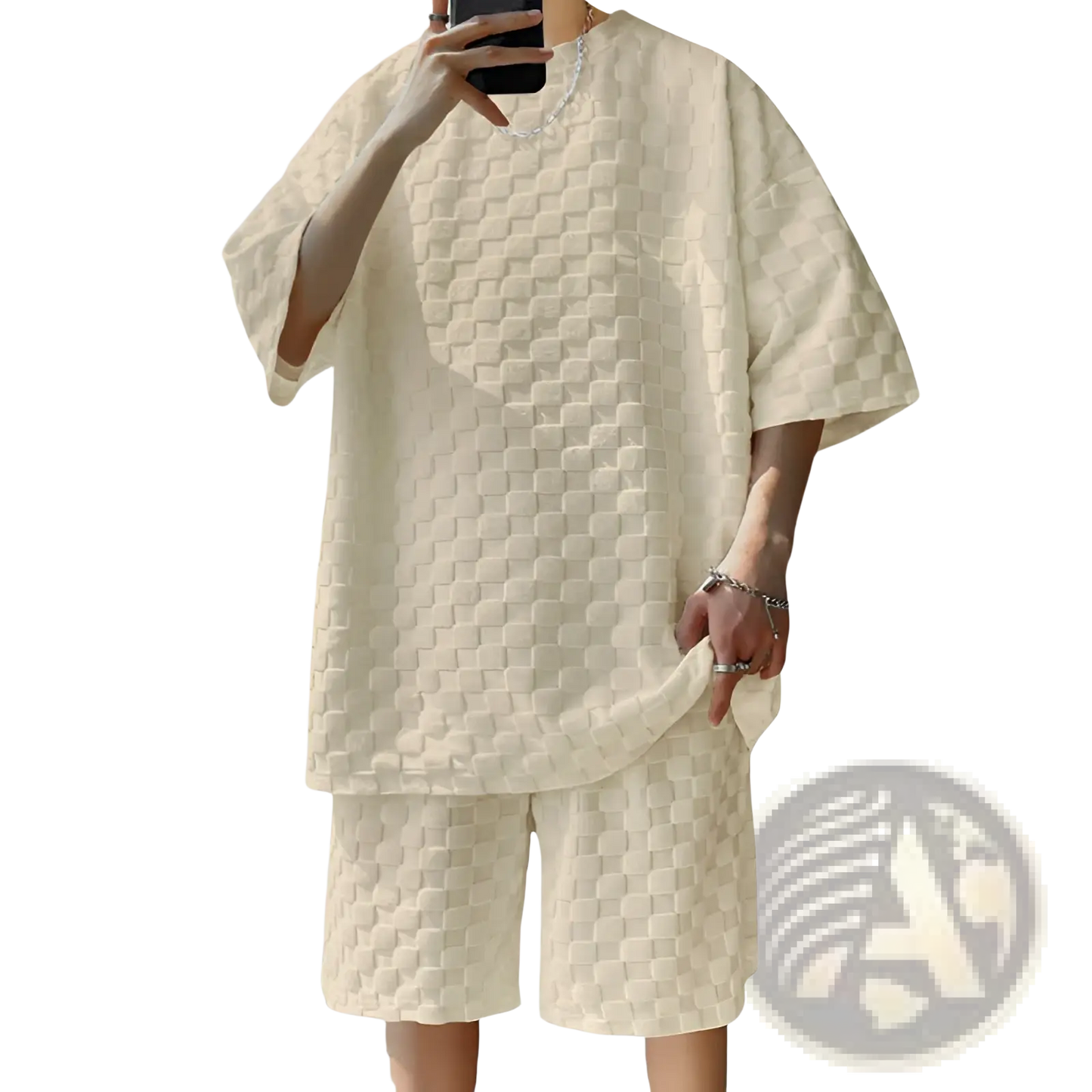 Textured Geometric Cotton Blend T-shirt and Shorts Set